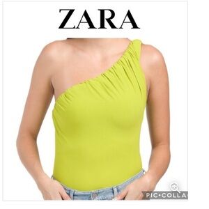 ZARA asymmetrical one shoulder bodysuit pistachio green size S NWT